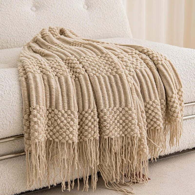 Chunky Knitted Tassel Blanket Vintage Farmhouse Luxury Throw Bedspread
