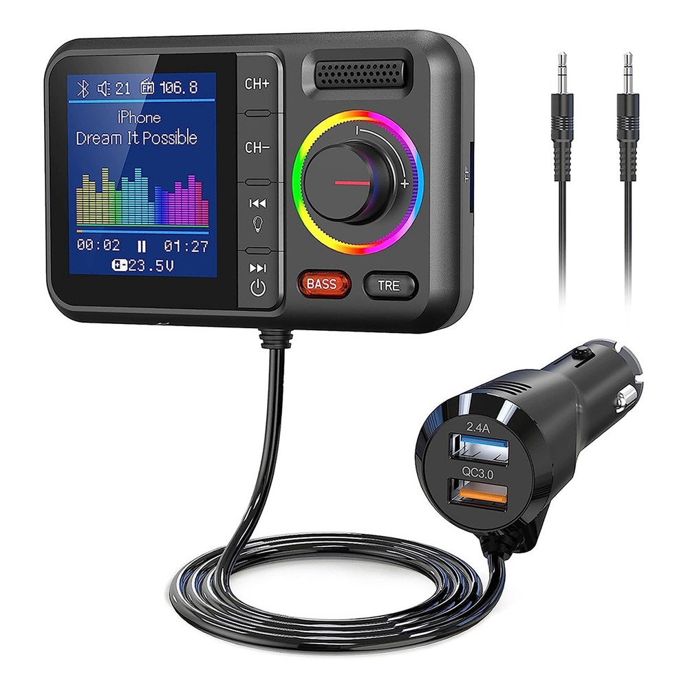 Bluetooth 5.0 FM Transmitter with Dual USB PD Charger and Hands-Free AUX