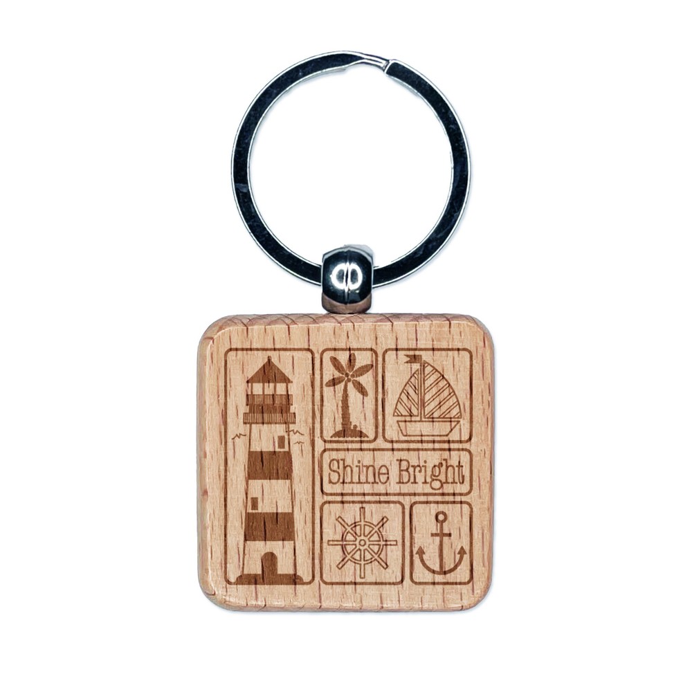 Shine Bright Lighthouse and Nautical Elements Engraved Wood Square Keychain