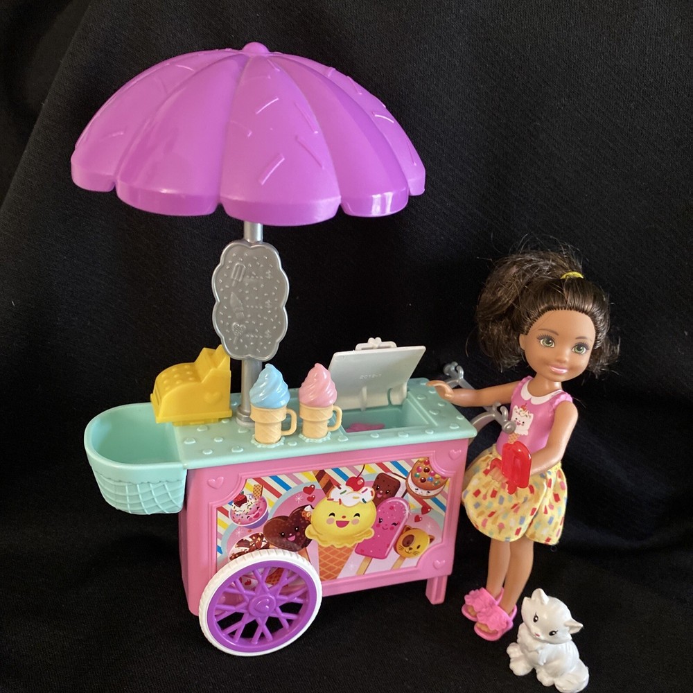 Adorable￼ Barbie Portable Ice Cream Stand w/ Chelsea Doll, Popsicle Cat mattel