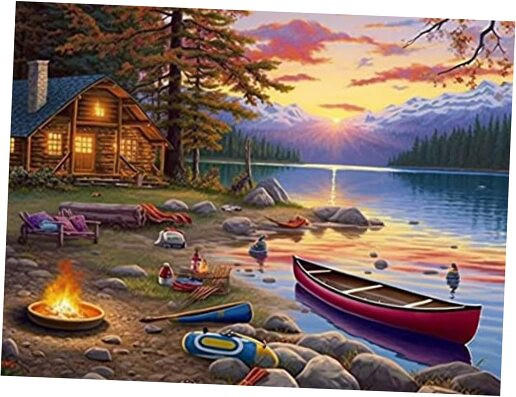 5D Sunset Lake Cabin Boat Diamond Painting Kits - DIY Diamond Art Kits for