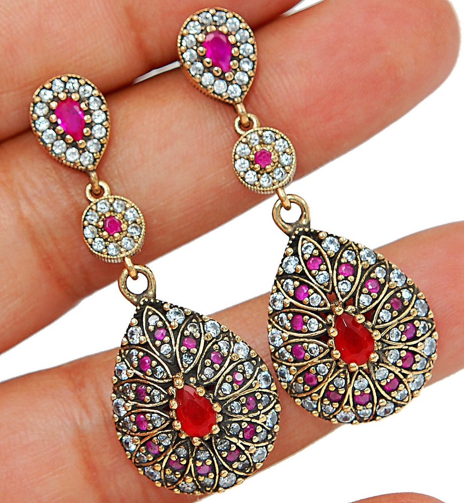 Exquisite 8CT Treated Ruby Ottoman Empire Sterling Silver Earrings Model AB3488