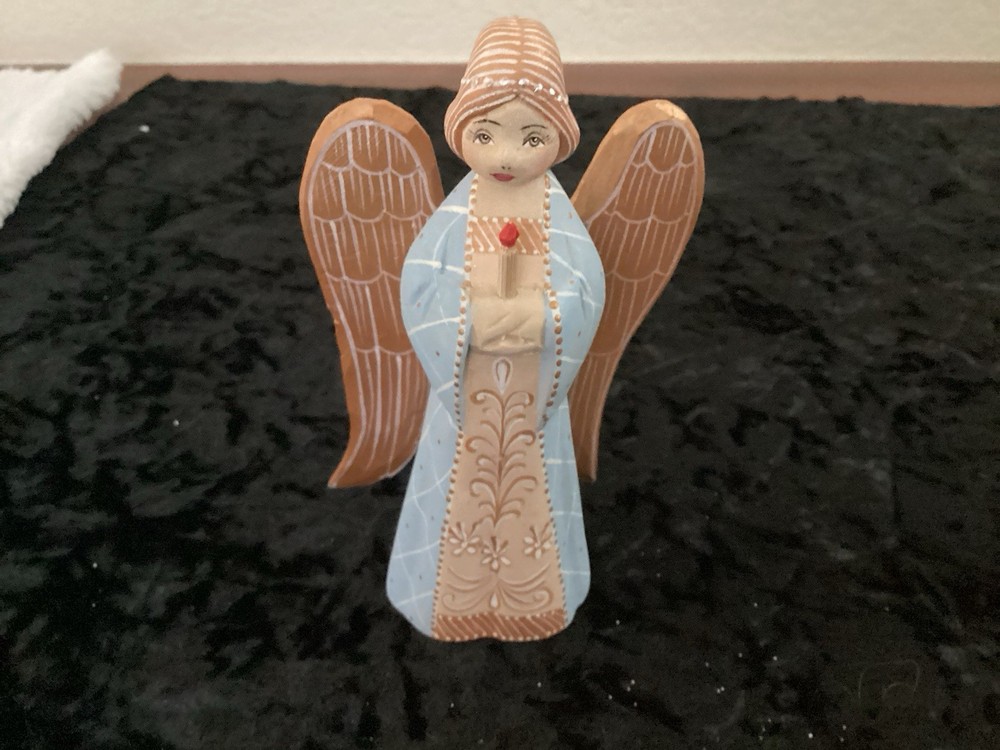 VTG Christmas Angel Wooden Hand Carved Painted Folk Art Figurine Russia