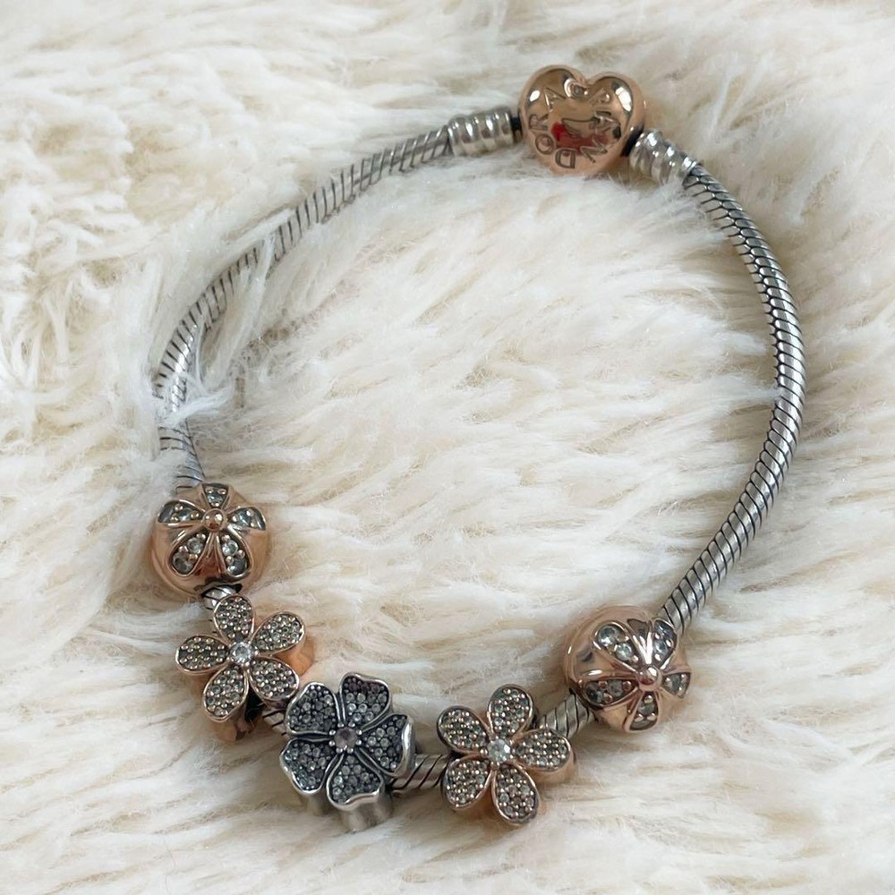 Pandora Heart Snake Chain Bracelet Rhinestone Flower Rose Gold Silver 5-Charms