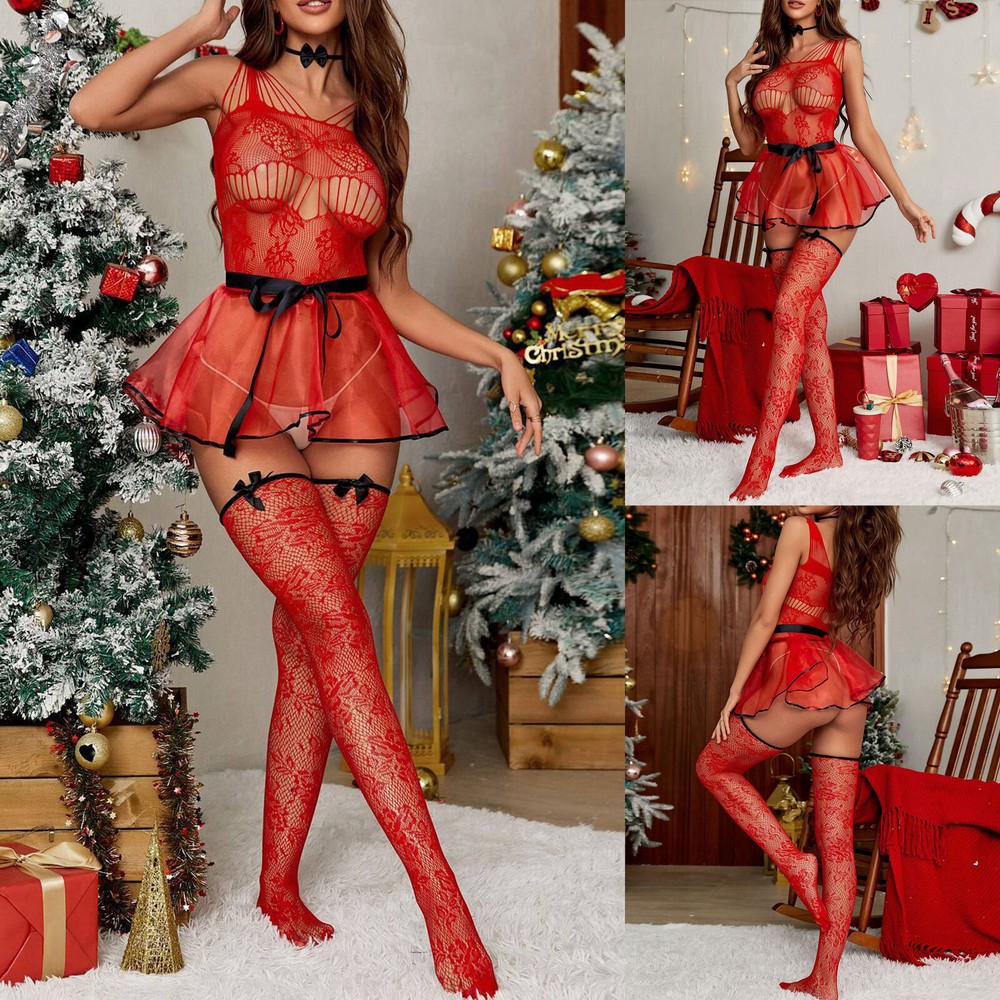 Ladies' Christmas Red High Elasticity High Mesh Bow Sleeping Skirt Set