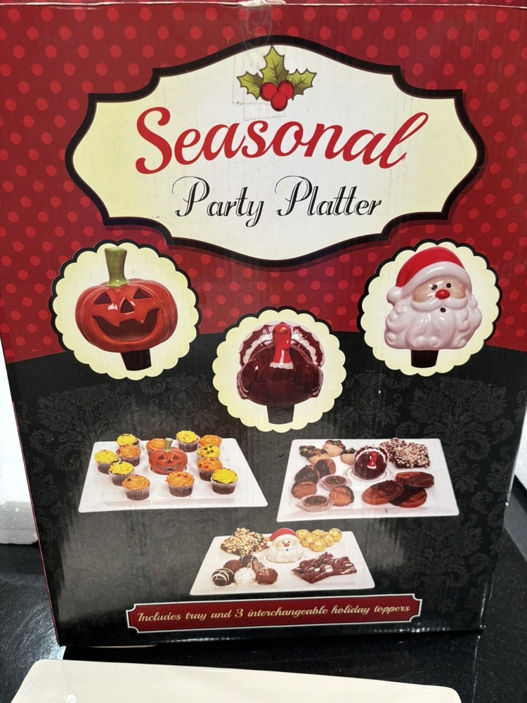 Seasonal Party Platter 2014 Ceramic 12X12 Christmas, Halloween Pumpkin & Thanks-image