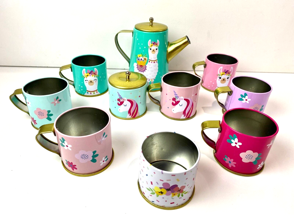 Members Mark Tea Set Llama Unicorn Flowers Metal Play Pretend Dishes With Case-image