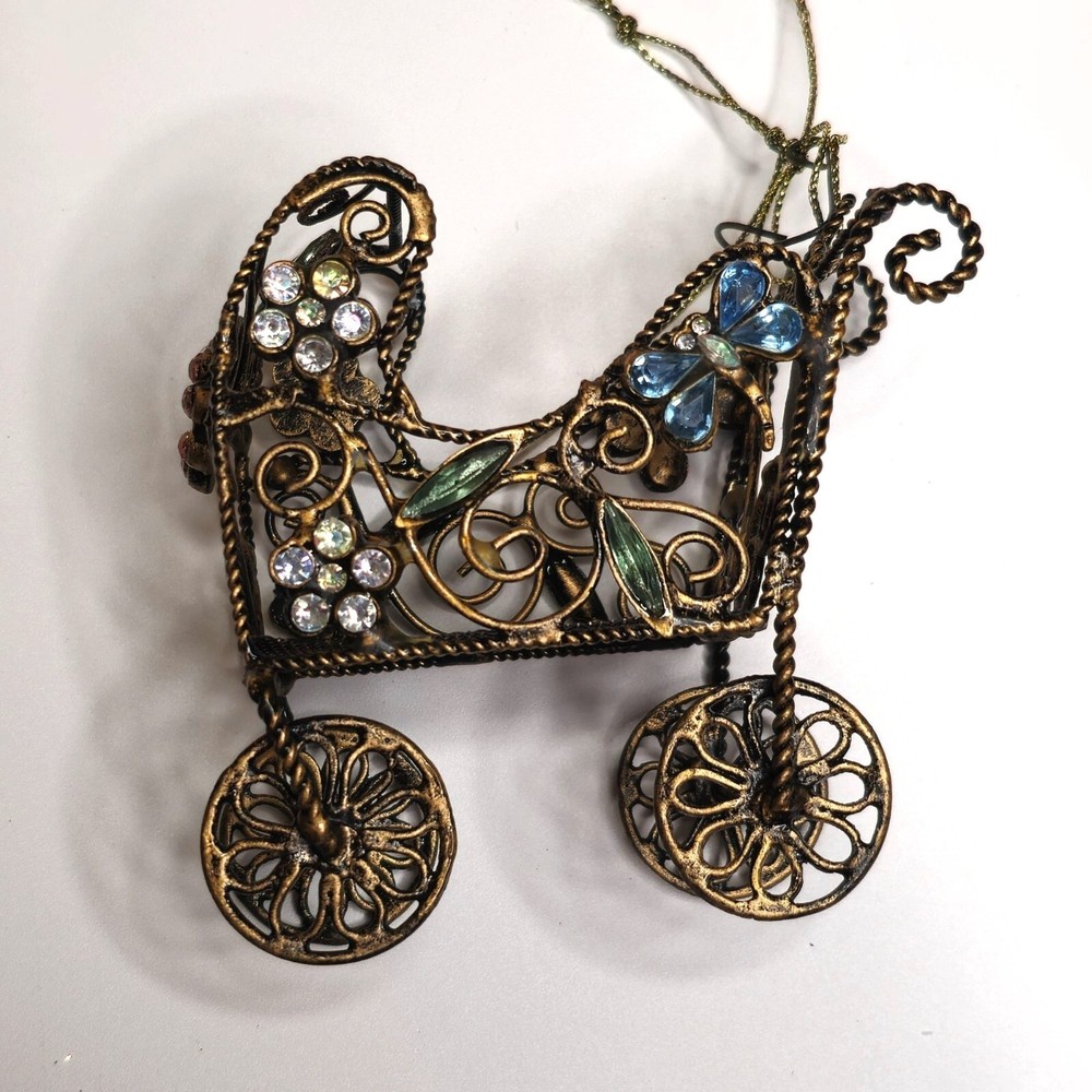 VTG Victorian Metal Baby Carriage Ornament with Rhinestones