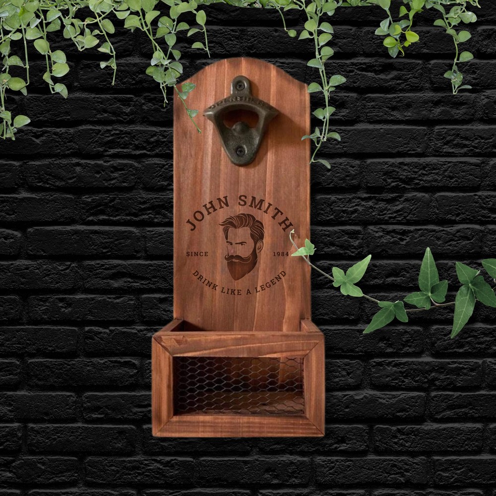 Personalised Wall Mounted Wooden Bottle Opener & Cap Collector