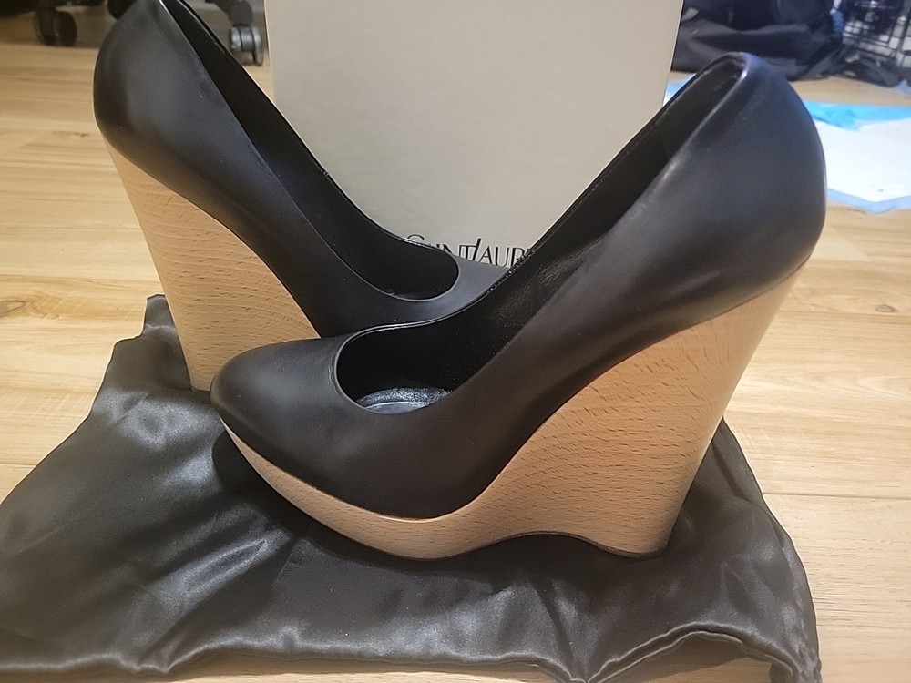 YSL Black Leather Heels Size 39.5 Luxury Designer Shoes