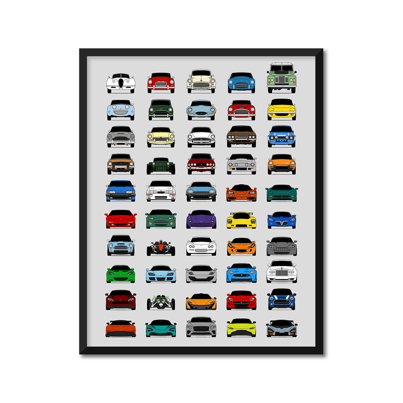50 Iconic British Cars Inspired Poster Print Art Generations History Evolution