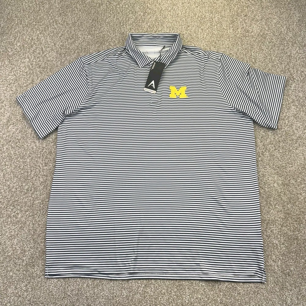 NEW Michigan Wolverines Polo Shirt Mens 2XL White Blue Stripes Short Sleeve