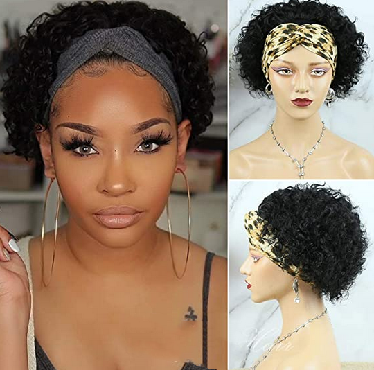 Short Curly Pixie Cut Real Human Hair Headband Wig Black No Lace