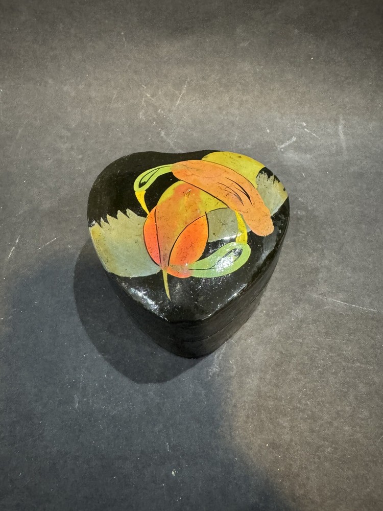Vintage Black Lacquered Hand-Painted Birds of Paradise Trinket Box