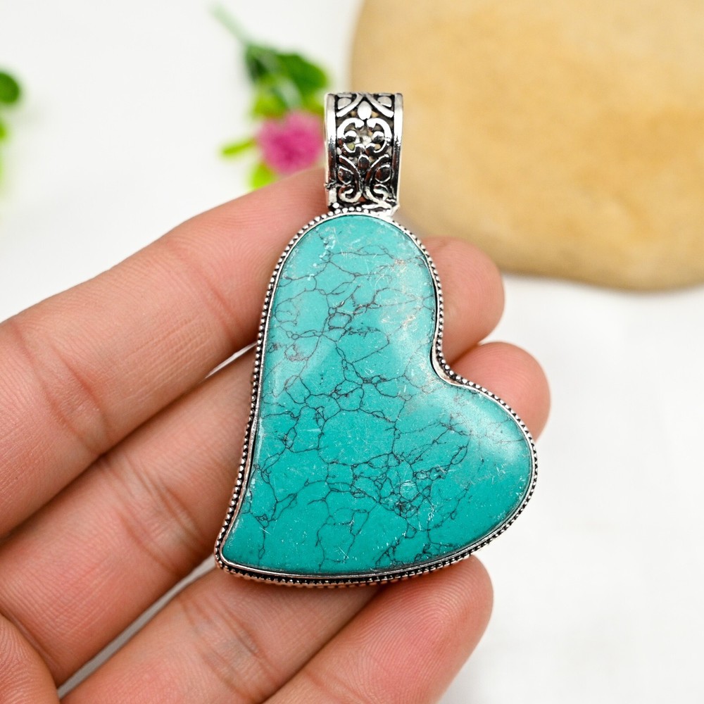 Natural Turquoise Heart Pendant in 925 Sterling Silver Jewelry Gift for Women