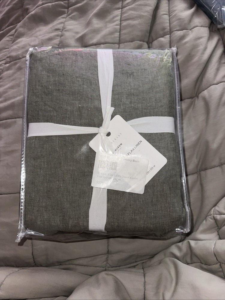 Pottery Barn Belgian Flax Linen Duvet Cover Full Queen in Loden Green