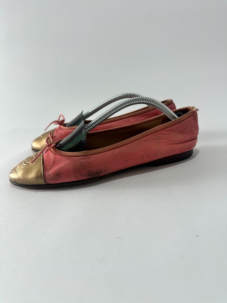 Chanel Red/Gold Leather CC Cap Toe Bow Ballet Flats Size 37 EU