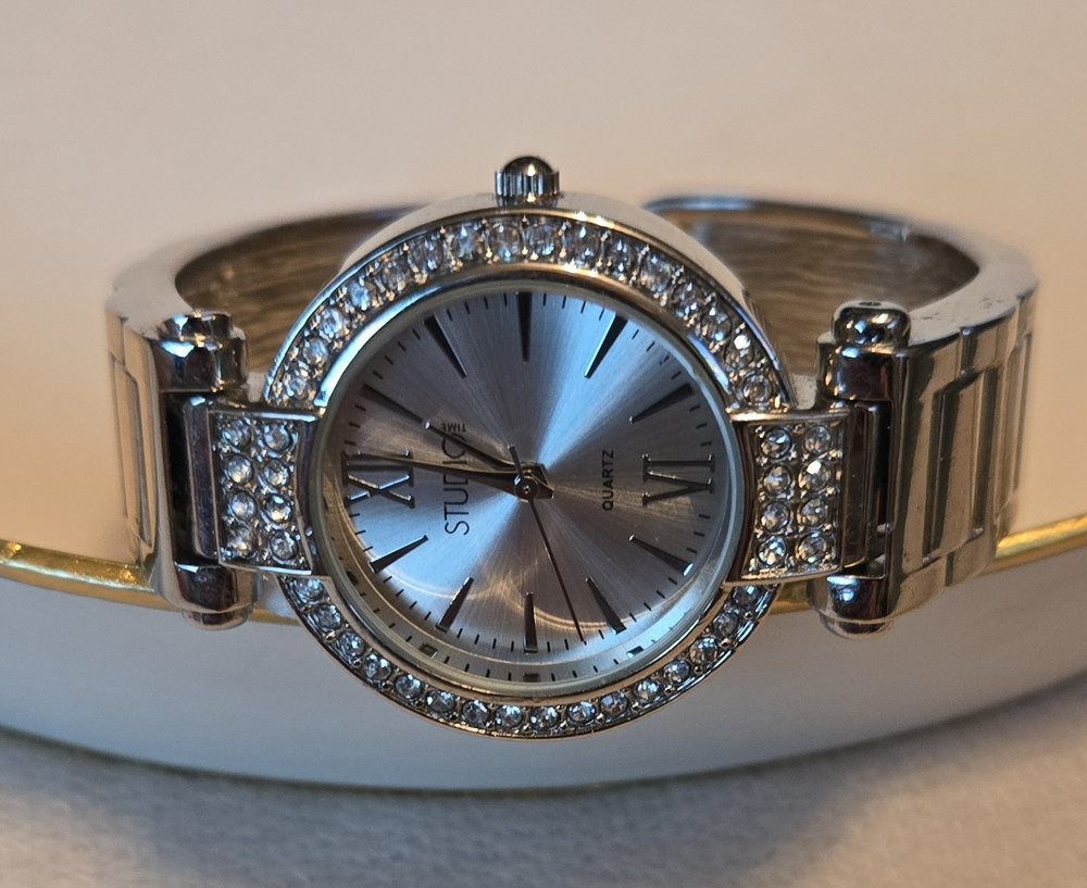Studio Gemmed Quartz Wristwatch Silver Bangle Analog Dress Round Dial