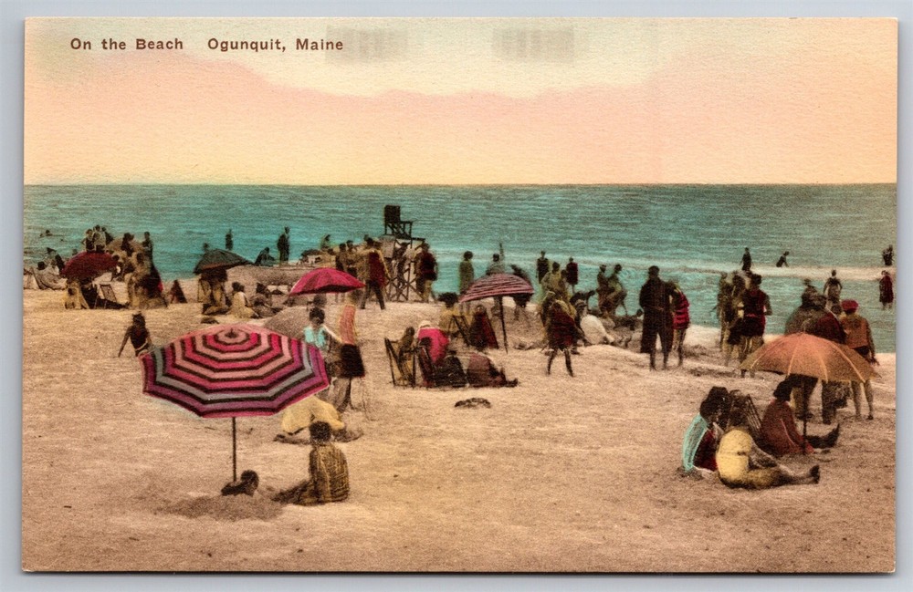 Vintage 1930s Ogunquit ME Beach Lifeguard Station Umbrella Ocean Postcard S5