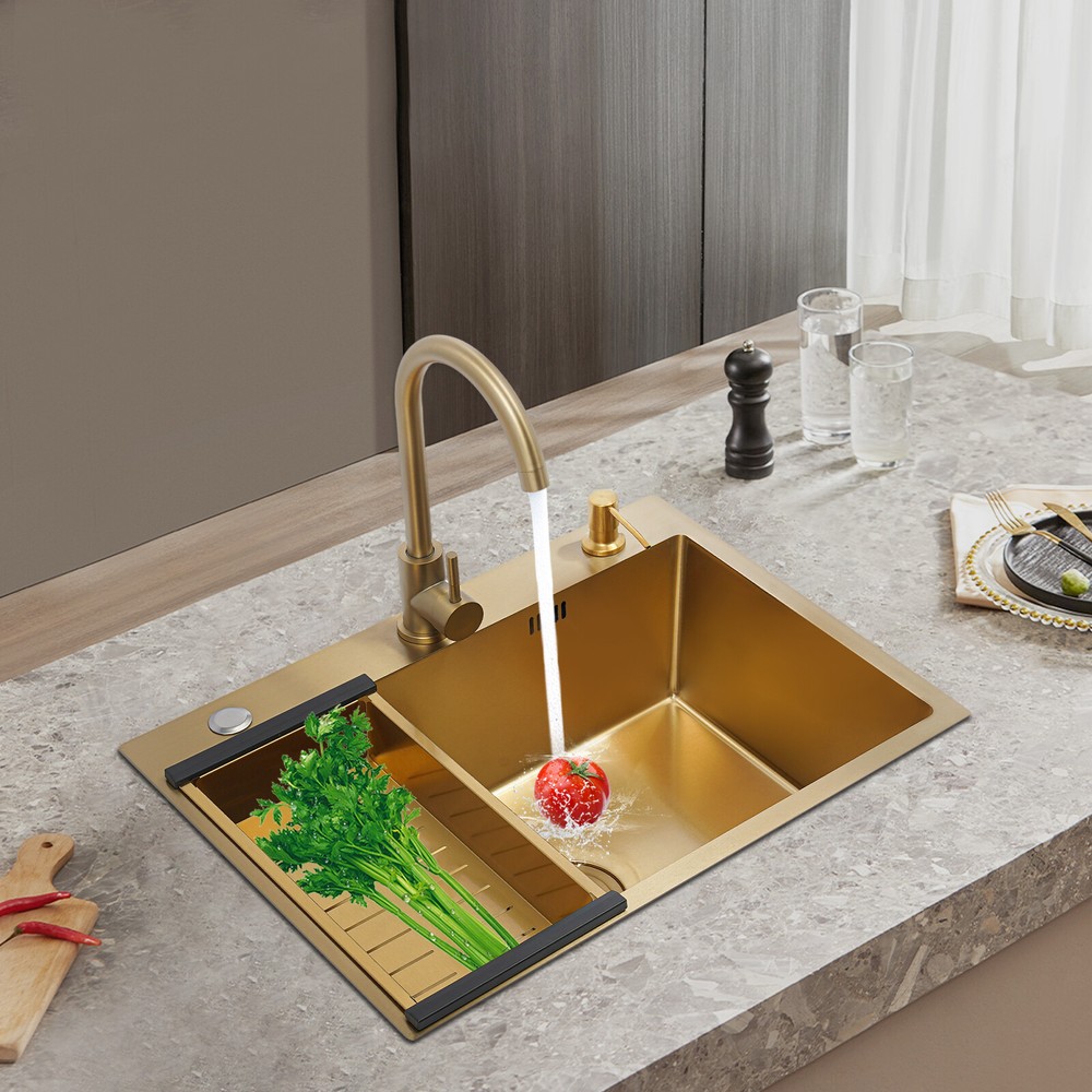Gold Single Bowl Kitchen Sink with Draining Basket