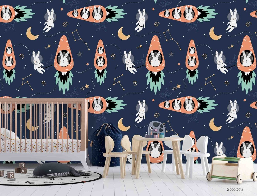 3D Space Rabbit Moon Cartoon Pattern Wall Murals Wallpaper Murals Wall Sticker