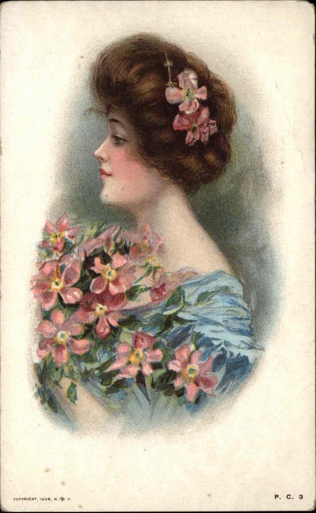 Vintage PC Beautiful Woman with Flowers P.C.3 Maud Humphrey Bogart