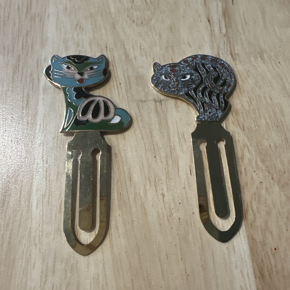 Vintage Cloisonne Enamel Kitty Cat Bookmark Multicolor Gold-Tone Metal lot of 2