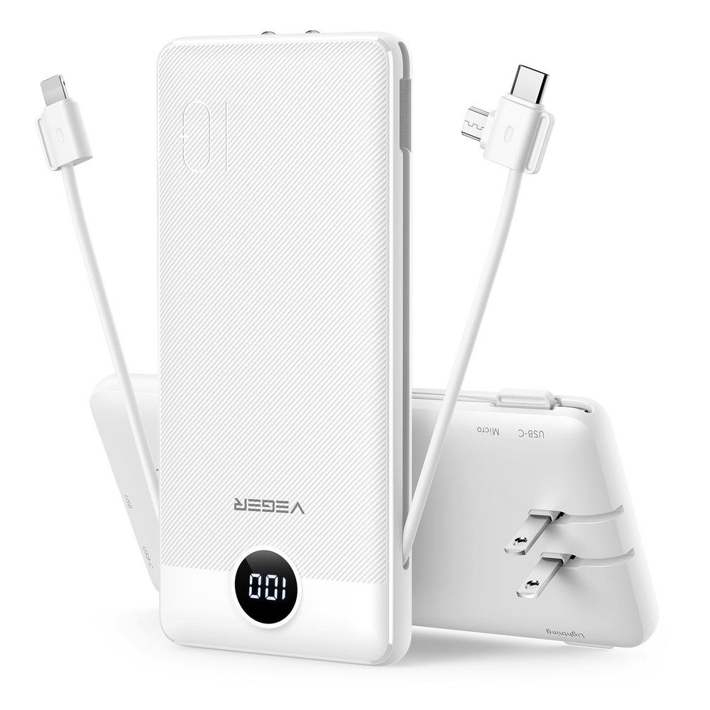 10000mAh Slim Portable iPhone Charger with Built-in Cables & Wall Plug