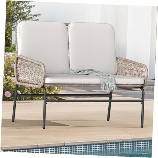 Outdoor Loveseat, All Weather Wicker Patio Sofa with Soft Cushions & High