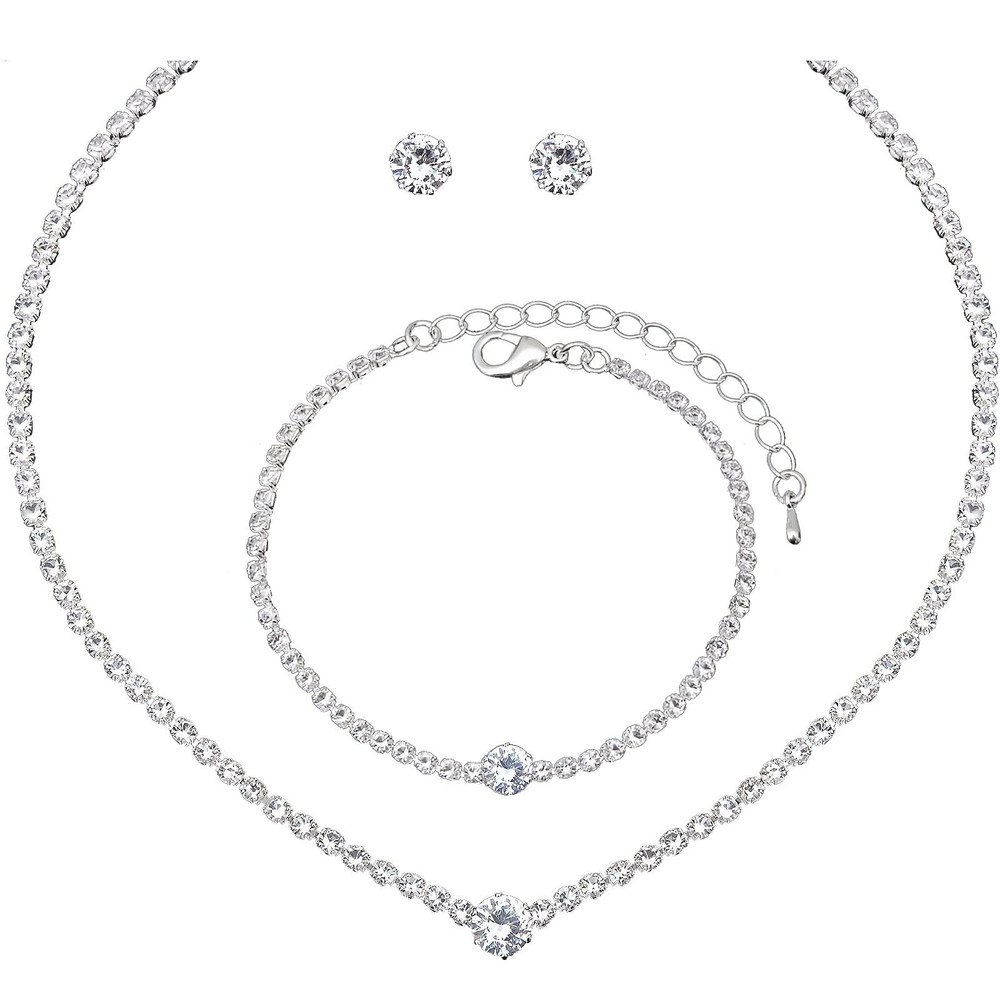 Silver Choker Necklace Earrings Tennis Bracelet Set Cubic Zirconia Crystal We...