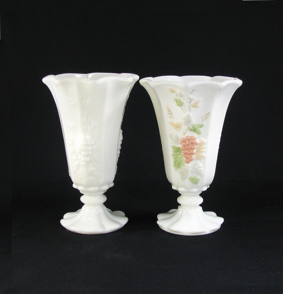 Westmoreland Milk Glass 6 Inch Vases with Grape and Fruit Panels Pair  