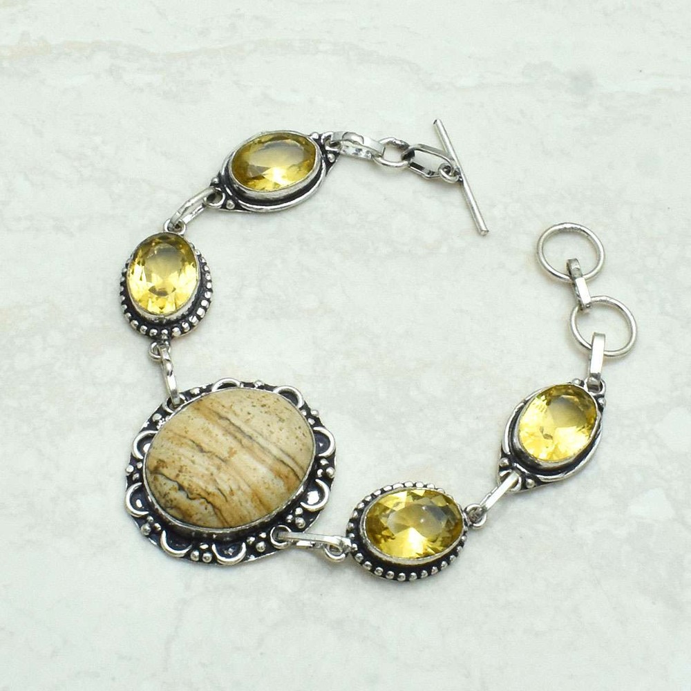 Ethnic Handmade Picture Jasper Citrine Gemstone Bracelet 22 Gms AB 72544