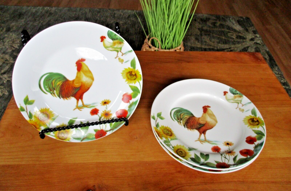3 Pfaltzgraff Rooster Meadow Salad Plates Daphne B Sunflowers Farmhouse 7 1/2