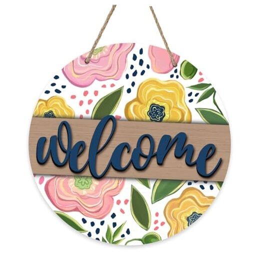 Pink Yellow Floral Wood Welcome Sign for Spring Summer