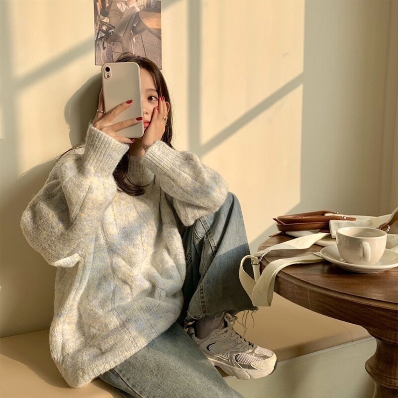 Women Long Sleeve O-Neck Sweater Thick Cable Knit Multicolor Loose Jumper Tops