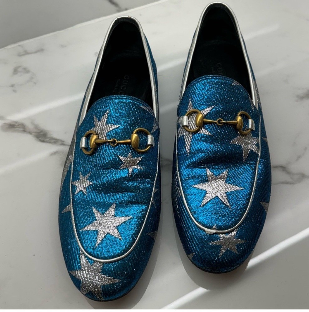 GUCCI Jordaan Blue Horsebit Leather Flats Size 37 US 6.5  Authentic!