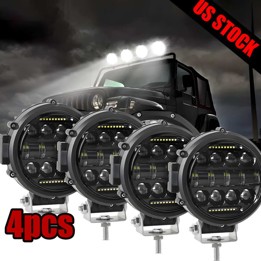 7'' Round LED Work Light Bar Pods Driving Fog Headlight Truck Off Road SUV 4PCS