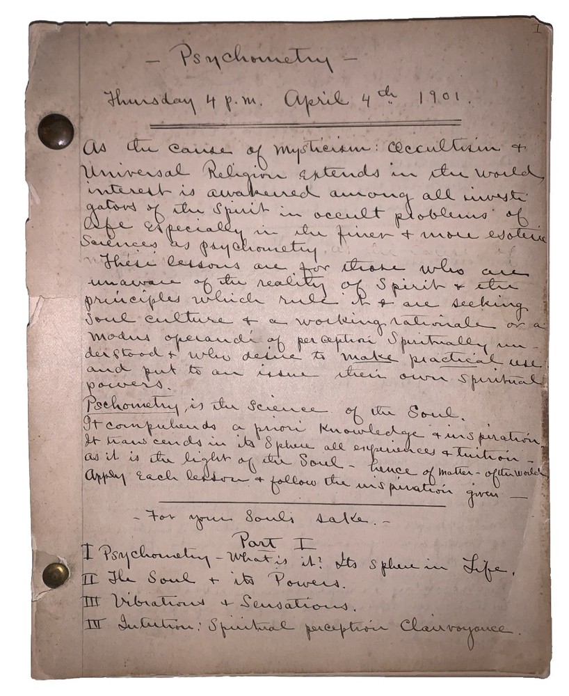 UNPUBLISHED MANUSCRIPT, by J C F GRUMBINE, PSYCHOMETRY, OCCULT, SPIRITUALISM