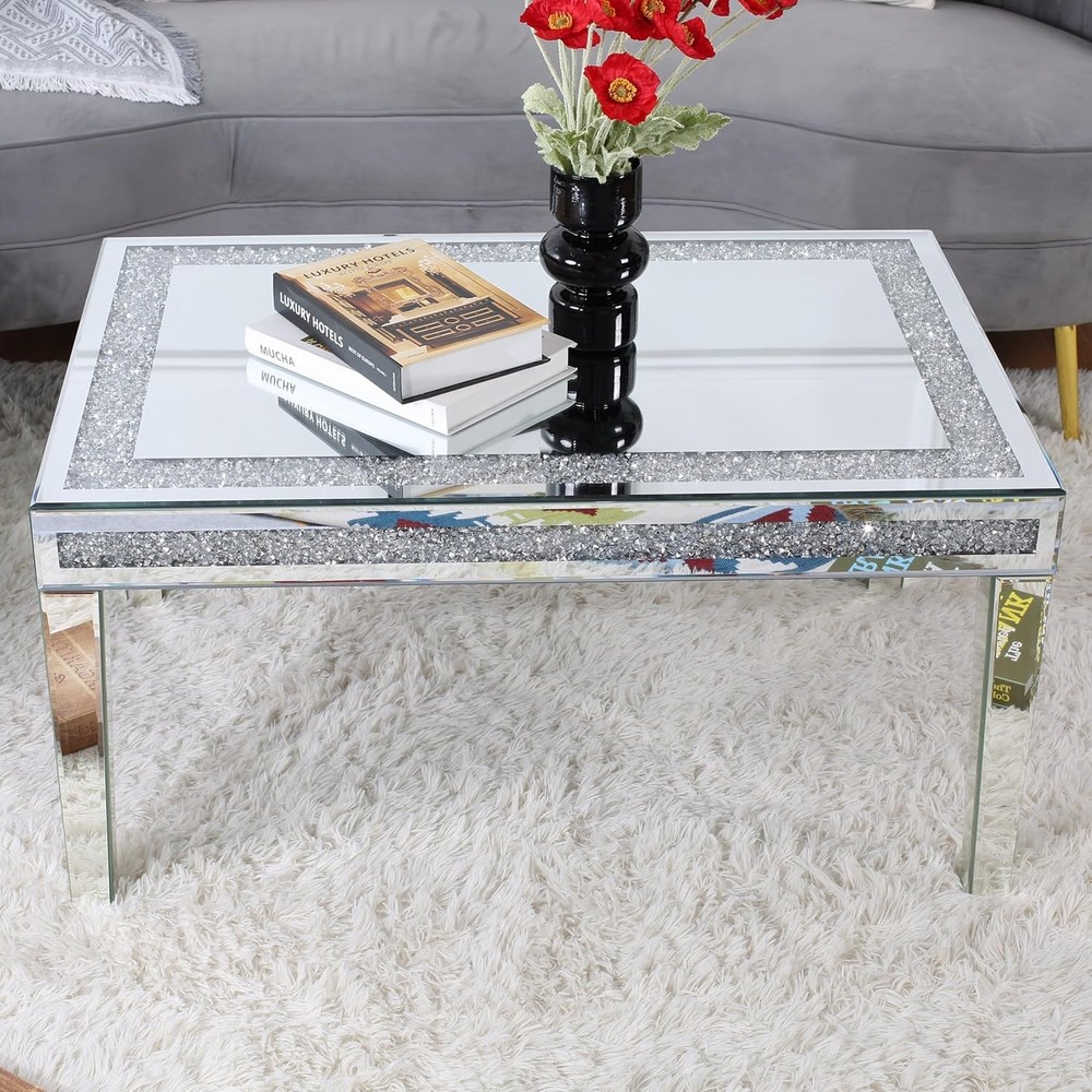 Silver Coffee Tables Living Room w Crystal Border Center Table Mirrored Finished
