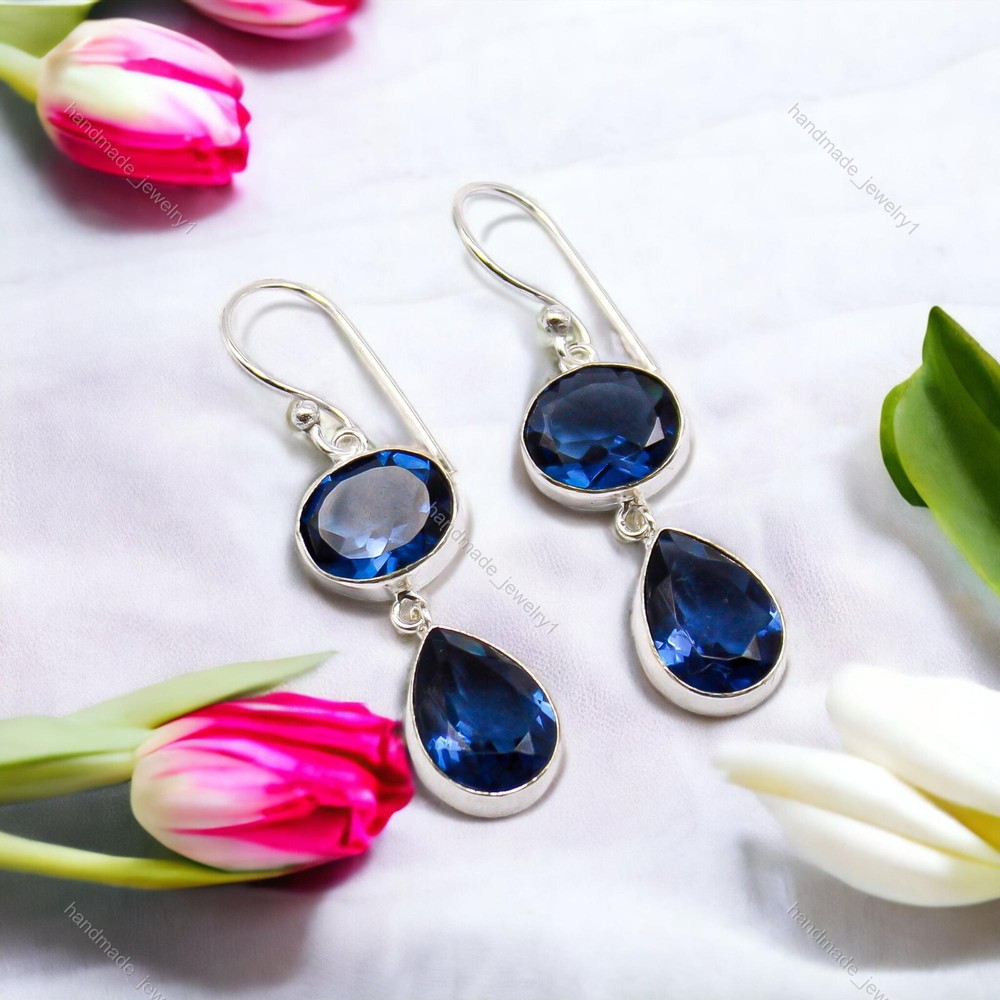London Blue Topaz Pear Stone 925 Silver Boho Dangling Bezel Earrings