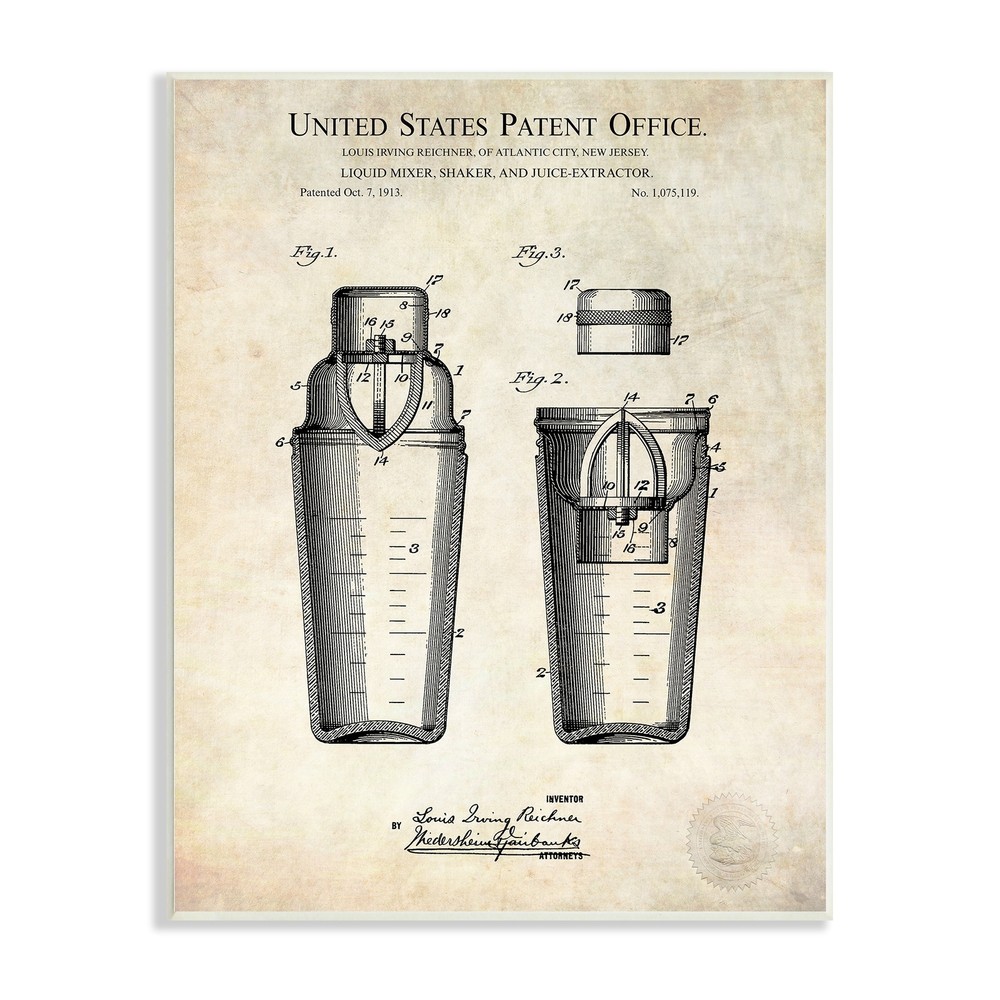 Stupell Vintage Cocktail Drink Mixer Diagram Patent Text  Wood Wall Art - Brown