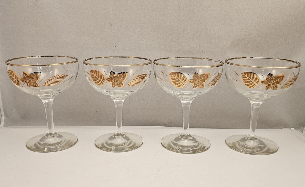 4 ~ Libbey Gold Leaves Cordial Cocktail Sherbet Glasses Vintage 1960's