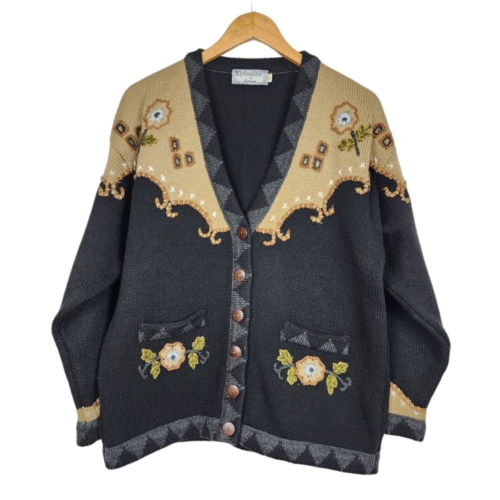 Vintage Xpression by Deesons Embroidered Button Front Cardigan US 8 EU 40