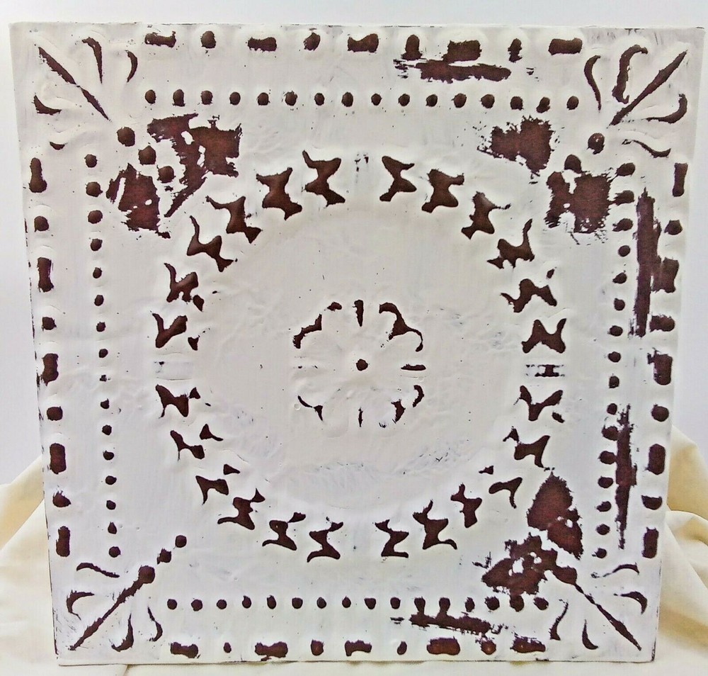 White Distressed Embossed Metal Wall Pocket Rustic Hang or Mount 10x10x2