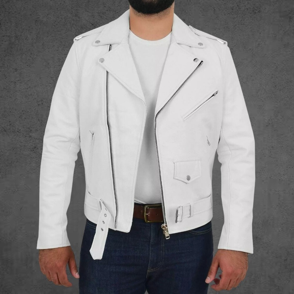 Men's White Slim Fit Leather Biker Jacket with Collar