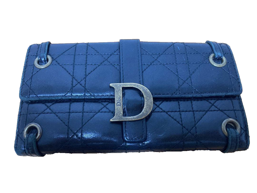 Christian Dior CD Navy Quilted Leather Long Wallet Gift from Japan