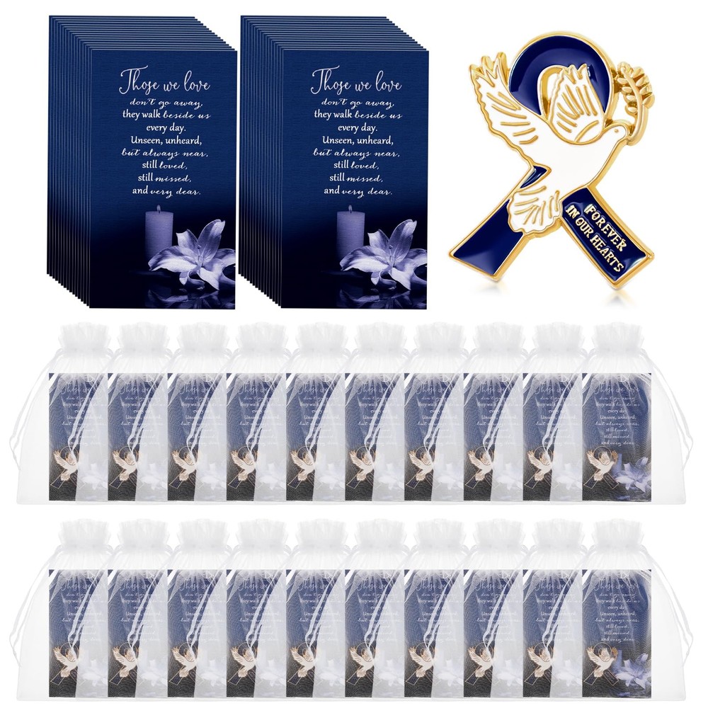 60 Funeral Dove Pins & Prayer Cards Set – Mourning Remembrance Memorial Favors