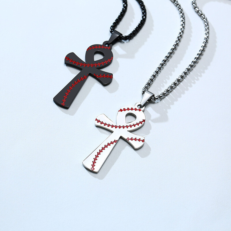 Titanium Steel Black Cross Baseball Pendant Mens Necklace
