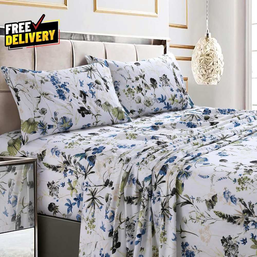 Queen Bed Sheet Set 300 Thread Count Soft Cotton Sateen Floral Print with Ex....