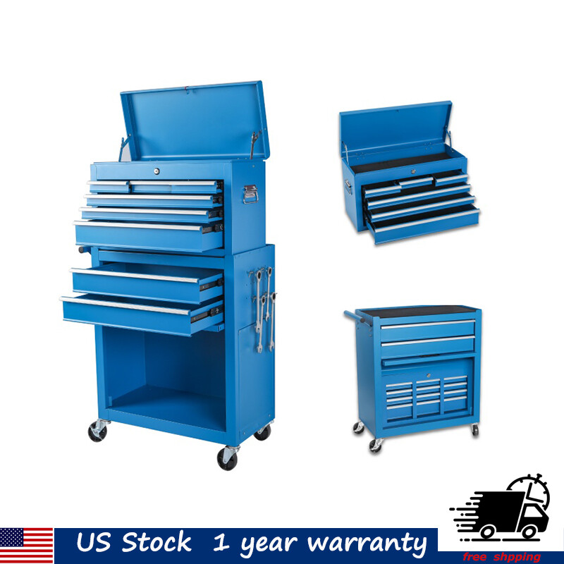 8 Drawer Steel Tool Box 2 in 1 Rolling Chest Garage Workshop With Detachable Top